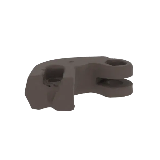 3D model of a gray industrial metal bracket with visible mounting holes and a sturdy, functional design.