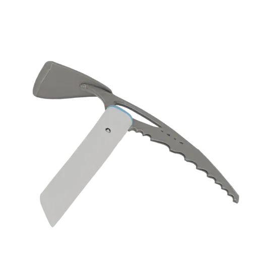 3D model of a modern ice axe with a gray matte finish and a blue accent, featuring a sharp pick and a folding blade.