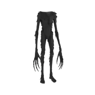 A 3D render of a tall, thin, shadowy humanoid figure with long arms and sharp fingers, standing against a white background.