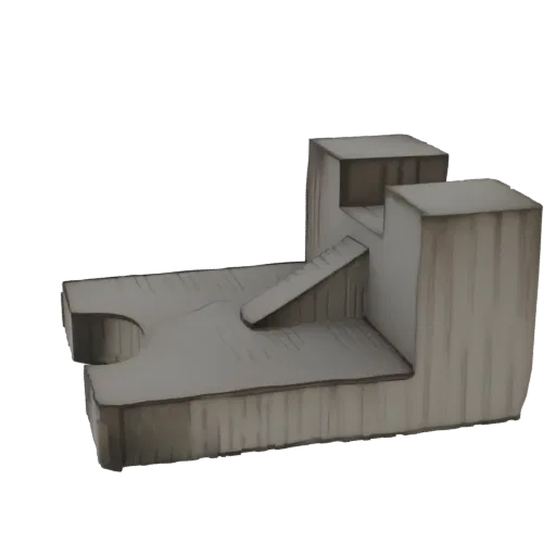 3D model of a weathered, ancient stone structure with integrated stairs, rendered in a stylized, hand-drawn aesthetic.