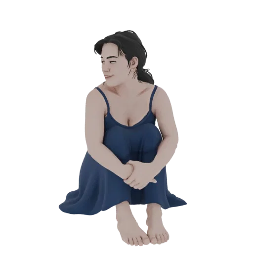 3D model of a young woman sitting with knees drawn up, wearing a flowing blue dress, looking to the side.