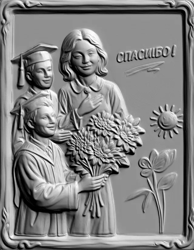3D-Modell des "Danke"-Reliefs mit zwei Absolventen, die einen Blumenstrauß, eine Sonne und eine Blume halten.