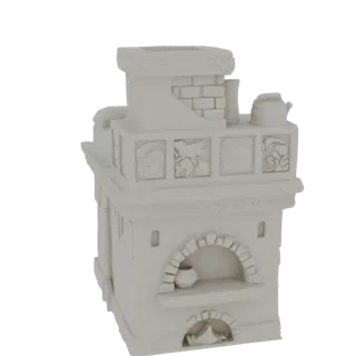 Modello 3D di una stufa russa tradizionale con intagli decorativi e un'apertura del forno ad arco, renderizzato in bianco.
