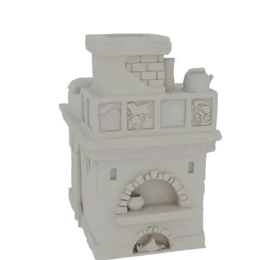 Modello 3D di una stufa russa tradizionale con intagli decorativi e un'apertura del forno ad arco, renderizzato in bianco.