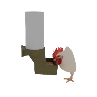 3D model of a white chicken with a red comb eating grain from a green farm feeder.