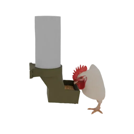 3D model of a white chicken with a red comb eating grain from a green farm feeder.