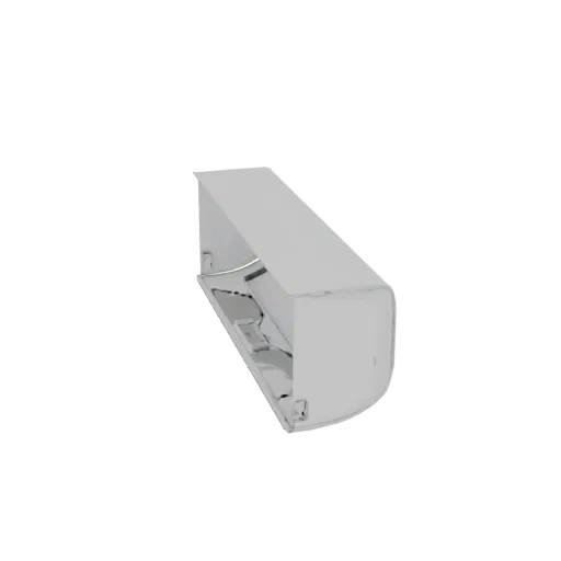 3D model of a modern split air conditioner unit with a sleek, metallic finish, shown from a slightly elevated side angle.