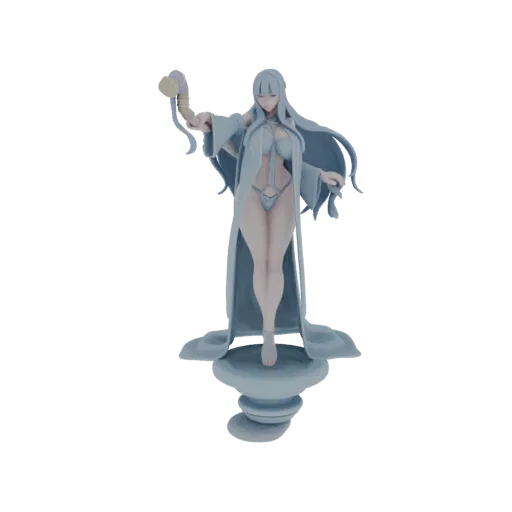 A 3D model of an ethereal sorceress with long flowing hair, wearing a revealing outfit and holding a staff, standing on a ped