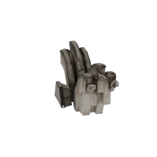 3D model of a weathered stone fragment with visible fossilized shells, presented on a black background.