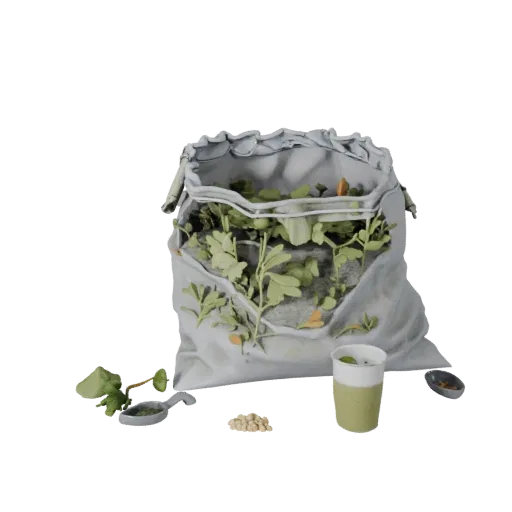 Fresh Herb Rice Sack 3D model, three-quarter front view, Unity viewport, showing powders, small ingredient shapes.