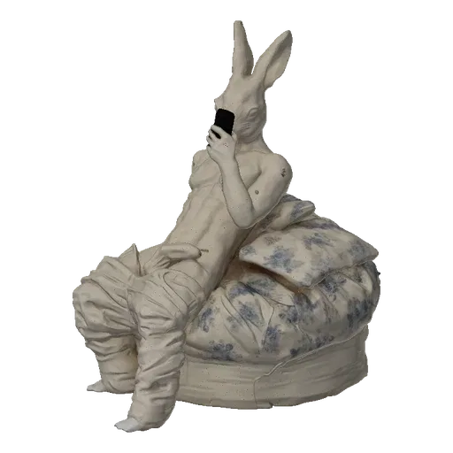 3D model of an anthropomorphic rabbit man with muscular build, taking a selfie with a smartphone while sitting on a patterned