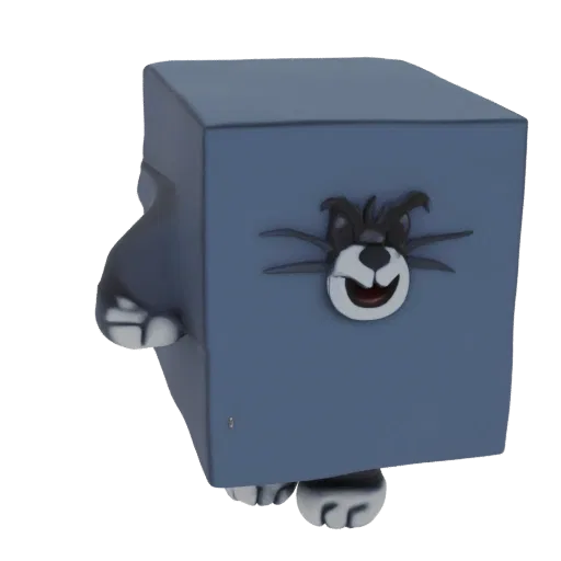 3D-Modell eines blauen Würfels mit Tom Cats Gesicht und hervorstehenden Pfoten, vor weißem Hintergrund.