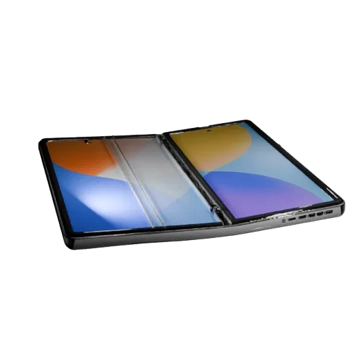 Foldable Tablet Phone 3D model, three-quarter front view, AR viewer studio render, showing glass screens, form detail.