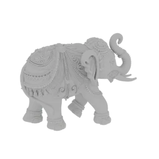 Un modelo 3D detallado de una figura de elefante ornamentado blanca con patrones intrincados en su lomo y cabeza, de pie sobr