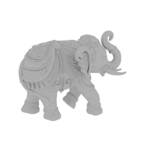 Um modelo 3D detalhado de uma estatueta de elefante ornado branca com padrões intrincados nas costas e na cabeça, em pé sobre