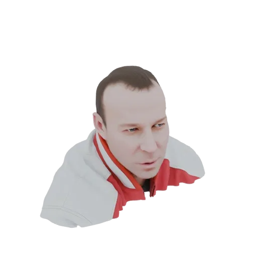 Render modello 3D uomo capelli castani corti con giacca rossa e bianca, guarda di lato.