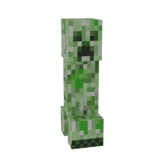 Un modello 3D di un Creeper di Minecraft, in piedi con la sua caratteristica texture mimetica verde pixelata e volto nero.
