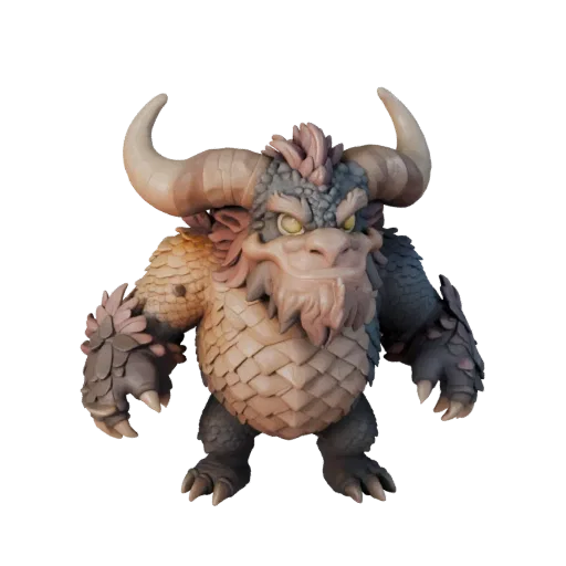 Modello 3D Minotauro Cartone animato, rendering di fauna selvatica vista laterale, asset animale stilizzato con mix di anatom