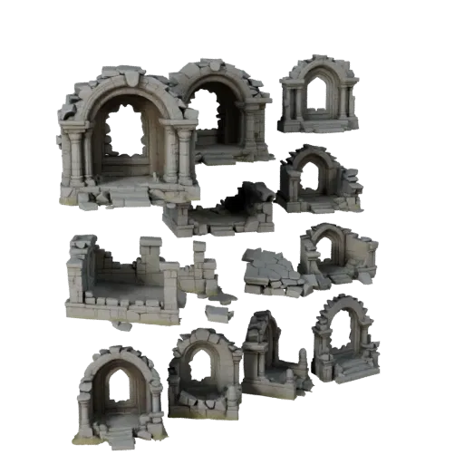 Abandoned Shrine Ruins Modular 3D model, isometric modular kit view, showing aged stone, built remnants.