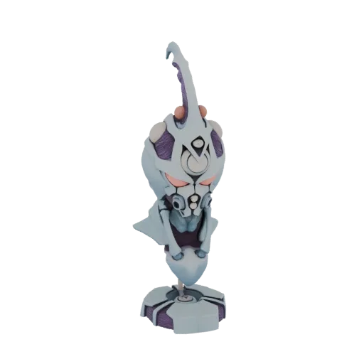 3D model of an alien bio-mechanical bust with a pale blue and gray body, red eyes, and purple accents on a decorative base.