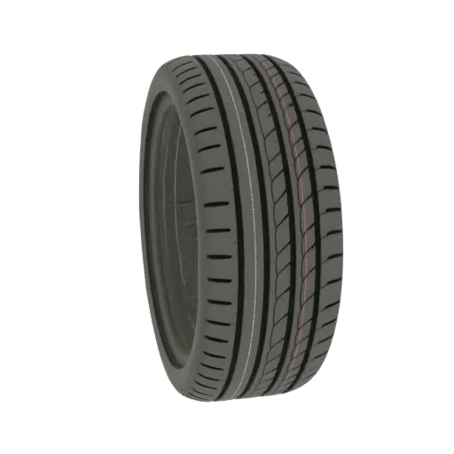 A 3D model of a performance tire with a detailed tread pattern, presented against a white background.