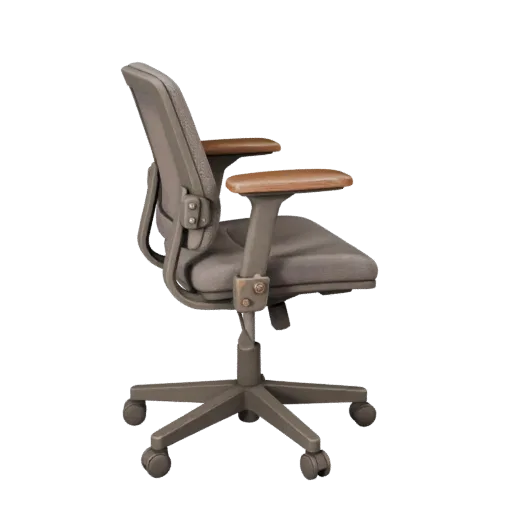 Sedia da Ufficio Industriale Modello 3D Realistico, ufficio, rendering studio tre quarti, dettaglio legno.
