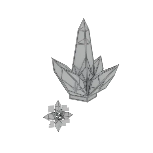 3D model of a large crystalline cluster with sharp geometric facets and a smaller star-shaped crystal nearby, rendered with a