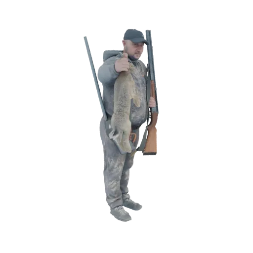 3D model of a hunter holding a rabbit and a shotgun, giving a thumbs up.
