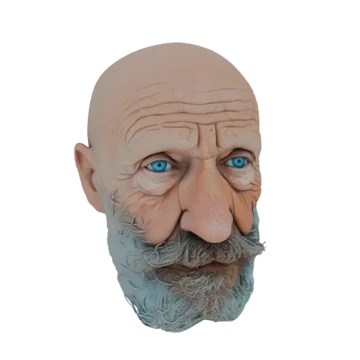 3D model render of a bald, elderly man's bust with deep wrinkles, a grey beard, and bright blue eyes, set against a white bac