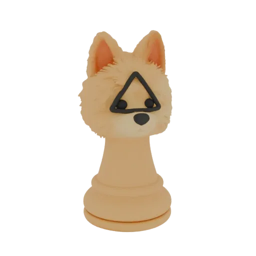 3D-Modell einer Schachfigur als charmanter Spitz-Welpe mit dreieckigen Ohren und flauschiger Textur auf Bauernbasis.