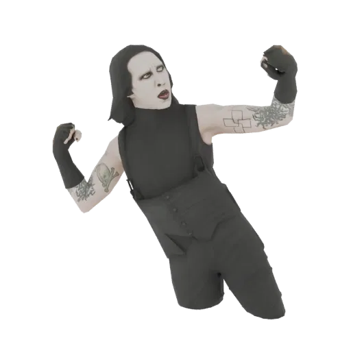 3D model of Marilyn Manson in a dramatic pose, with pale skin, dark makeup, and a black outfit, against a black background.