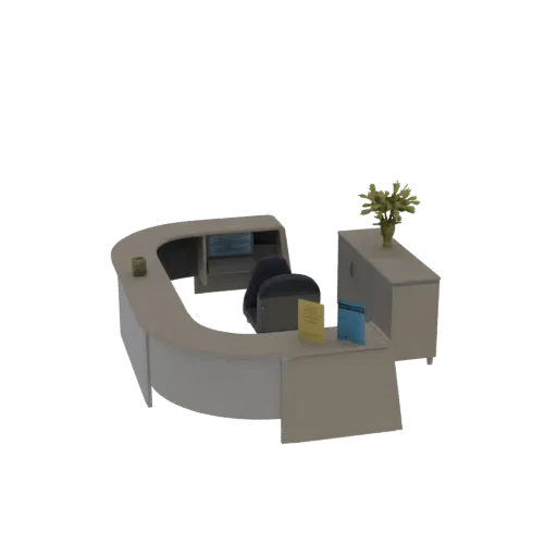 3D model of a modern, curved reception desk with a cabinet, office chair, and decorative plant.