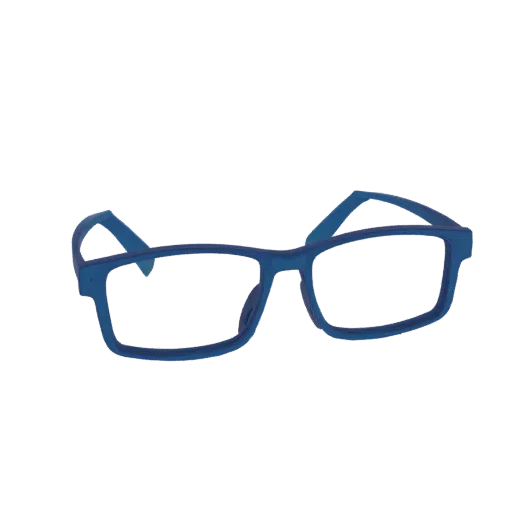 Un modelo 3D de gafas rectangulares azules, visto de frente, con lentes transparentes y acabado azul mate.