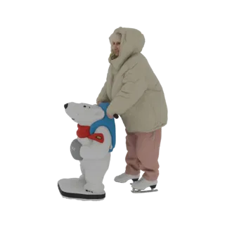 Modèle 3D d'une femme âgée en manteau d'hiver patinant, s'accrochant à une aide de patinage ours polaire avec des patins et u