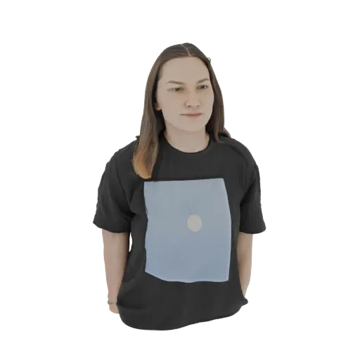 3D model of a woman with brown hair wearing a black t-shirt with a blue square and circle graphic, standing against a black b