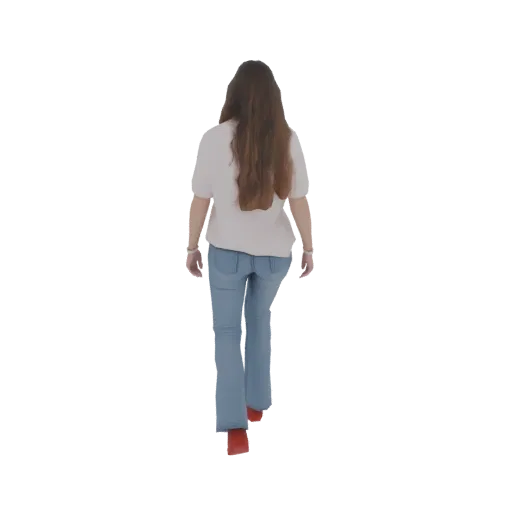 3D model of a woman walking away, wearing blue jeans and red high heels.