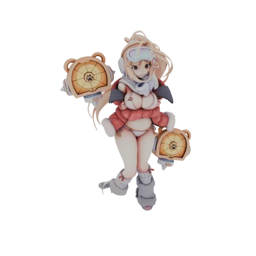 Modelo 3D de uma garota anime loira em traje de inverno vermelho, segurando dois canhões com tema de urso, com óculos na cabe