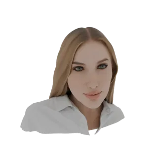3D model of a woman with blonde hair wearing a white collared shirt, looking towards the viewer with a gentle expression.