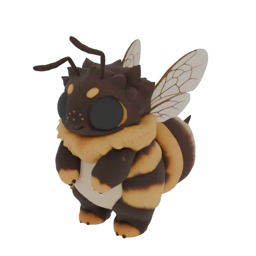A 3D render of a cute, chubby bumblebee with large black eyes, a fluffy yellow collar, and brown and yellow striped body, sta