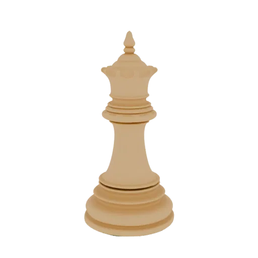 Render 3D de uma rainha de xadrez clássica, clara, com coroa detalhada, sobre fundo branco.