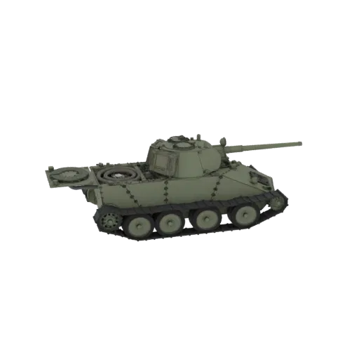 Side view of a 3D model of a T-34/85 tank with green camouflage, set against a black background.