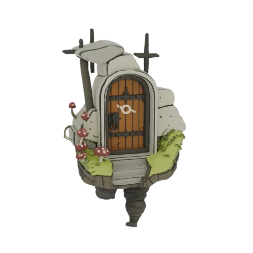 3D model of a whimsical mushroom house door with a rustic wooden door, red mushrooms, and mossy accents.
