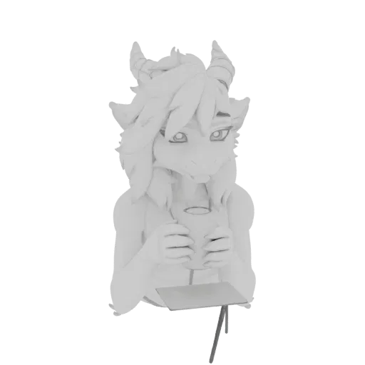 3D model of a white dragon character holding a coffee mug, with a laptop in front of it, presented in a neutral clay render.