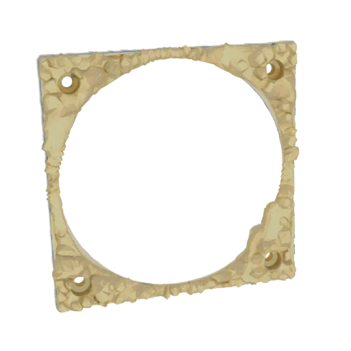 Rendering modello 3D di ventola quadrata con bordo esterno grezzo testurizzato e quattro fori di montaggio.