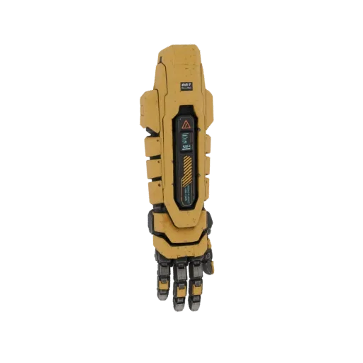 Eine detaillierte 3D-Renderung eines gelb-schwarzen Sci-Fi-Roboterarms mit mechanischer Hand und Warnsymbolen.