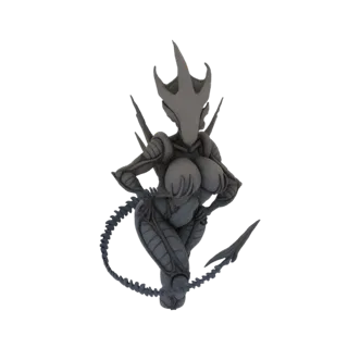 Una renderización 3D de una Reina Guerrera Alienígena biomecánica gris con una distintiva cresta en la cabeza y cola segmenta