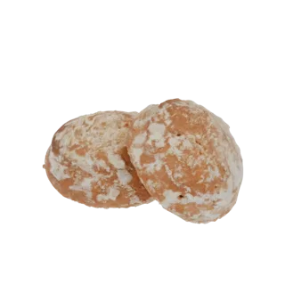 3D model of two round, golden-brown cookies covered in textured white icing, presented against a white background.