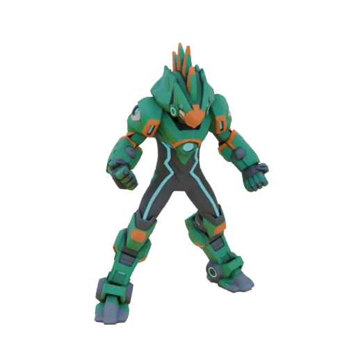 3D model of a green cybernetic warrior with orange and blue accents, standing in a dynamic pose.