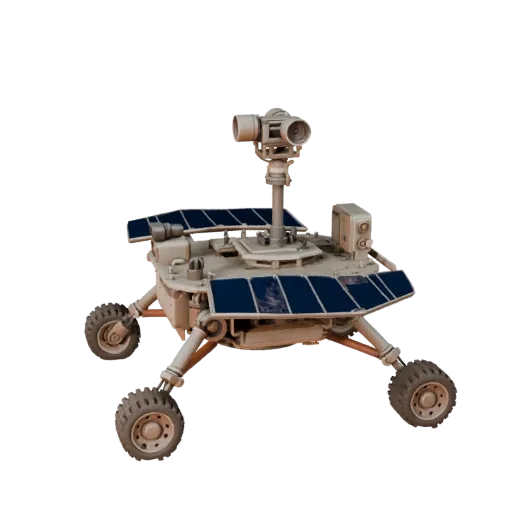 Mars Lunar Lander 3D model, three-quarter front view, Unreal Engine viewport, showing dusty wheels, vehicle stance.