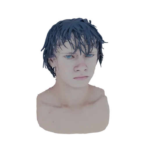 Render 3D del busto di un giovane con capelli scuri bagnati e luminosi occhi blu, che guarda dritto.